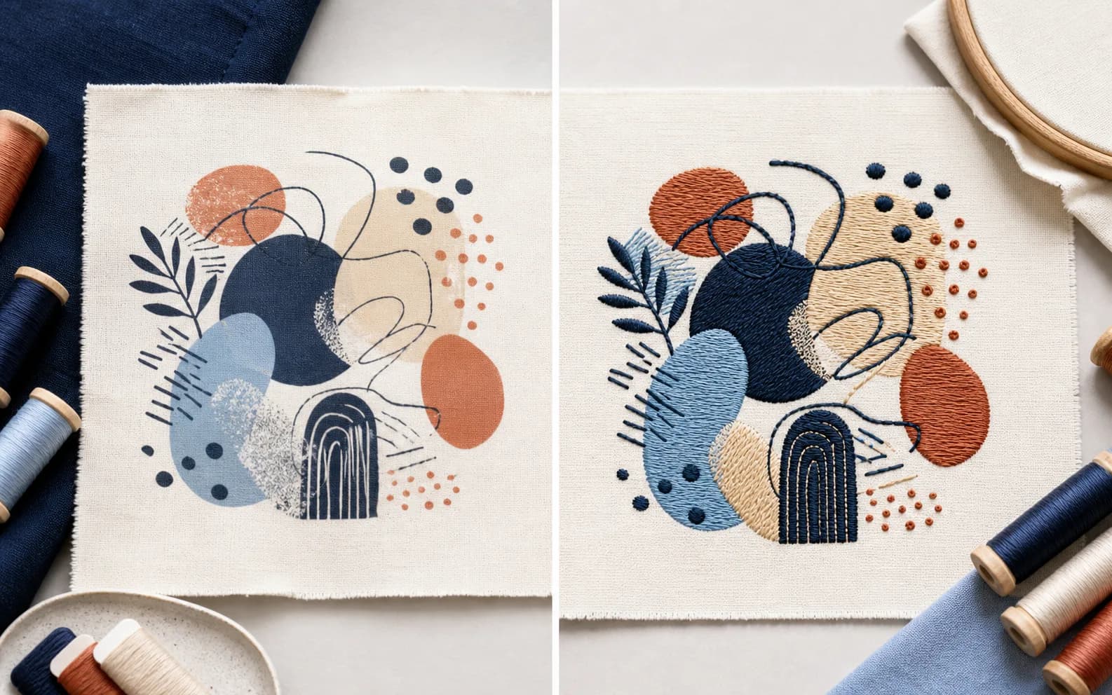 Illustratives Vorher-Nachher-Beispiel: links ein flach gedrucktes abstraktes Motiv, rechts eine stickbare Version mit sichtbarer Garnstruktur.