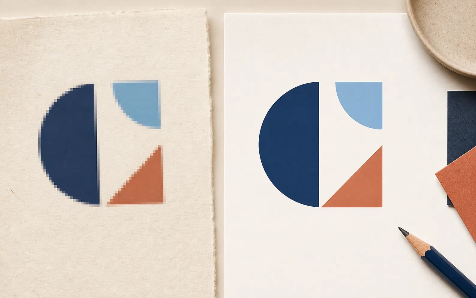 Illustratives Vorher-Nachher-Beispiel: links verpixelte abstrakte Formen, rechts dieselben Formen mit glatten Vektorkanten.